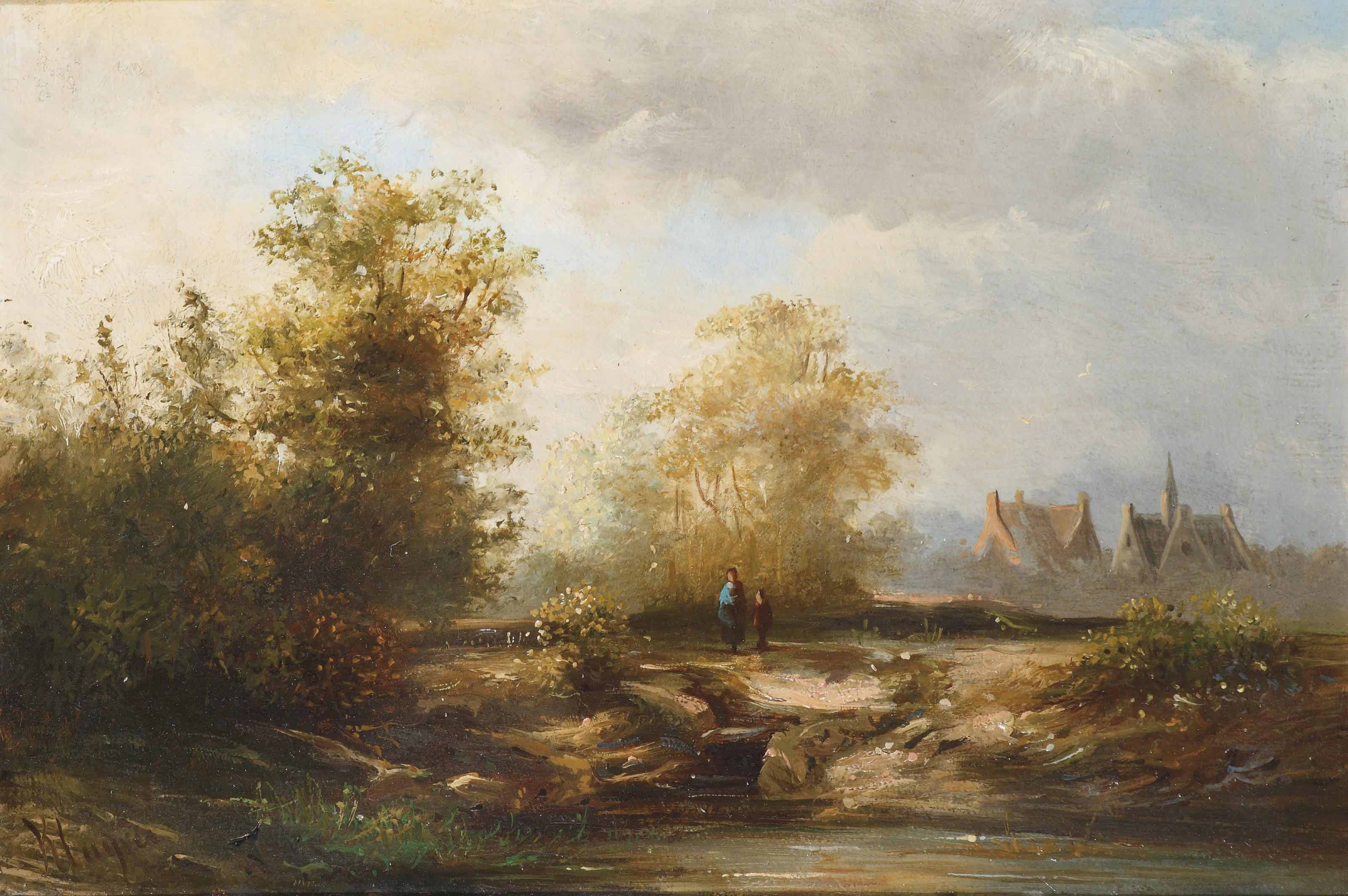 Pieter Janssens Summer landscape with figures near a farmhouse